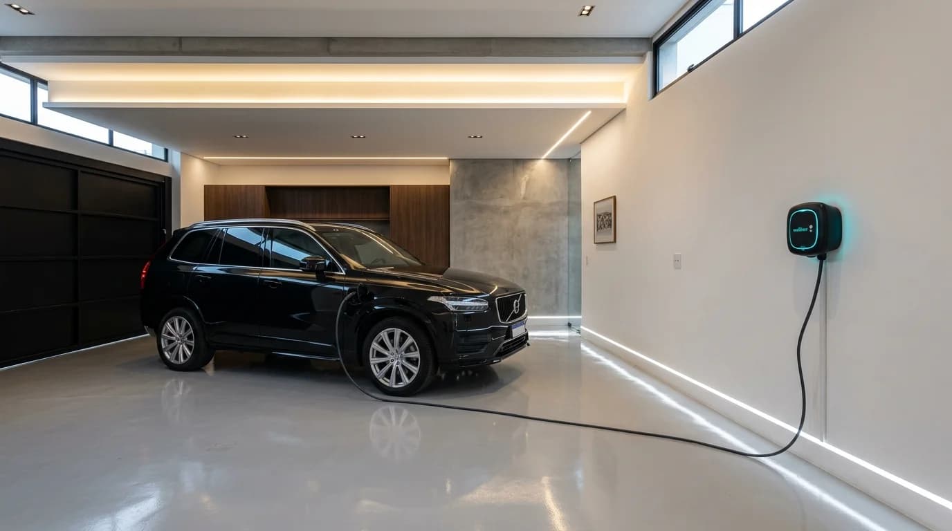 Carregador para carro elétrico 2026 em garagem residencial moderna com Wallbox inteligente