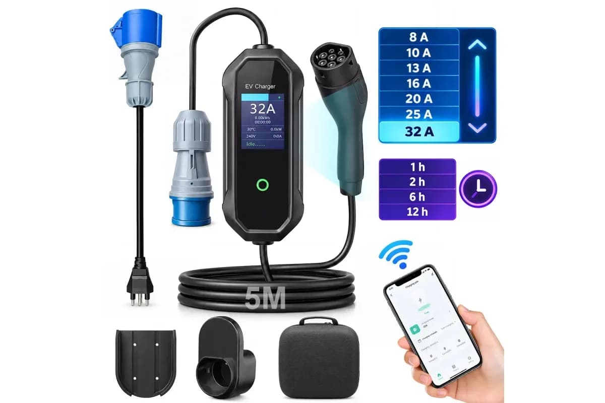 Carregador portátil 7 kW com app e agendamento com conector Tipo 2 (foto do anúncio)